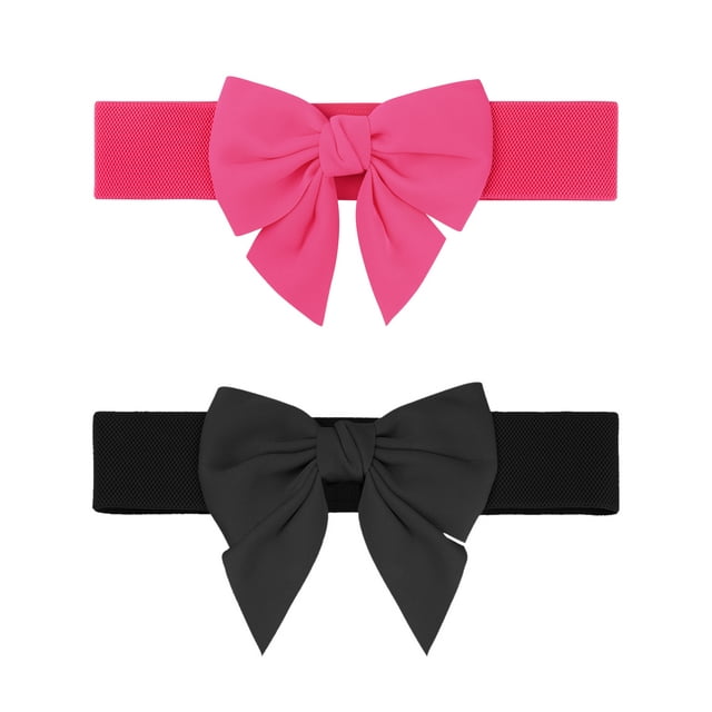 Cinturón elástico ancho de 2 piezas para mujer Elerevyo con decoración de lazo, cinturones de moda versátiles 27.6x2.3" Negro+Rosa Fucsia