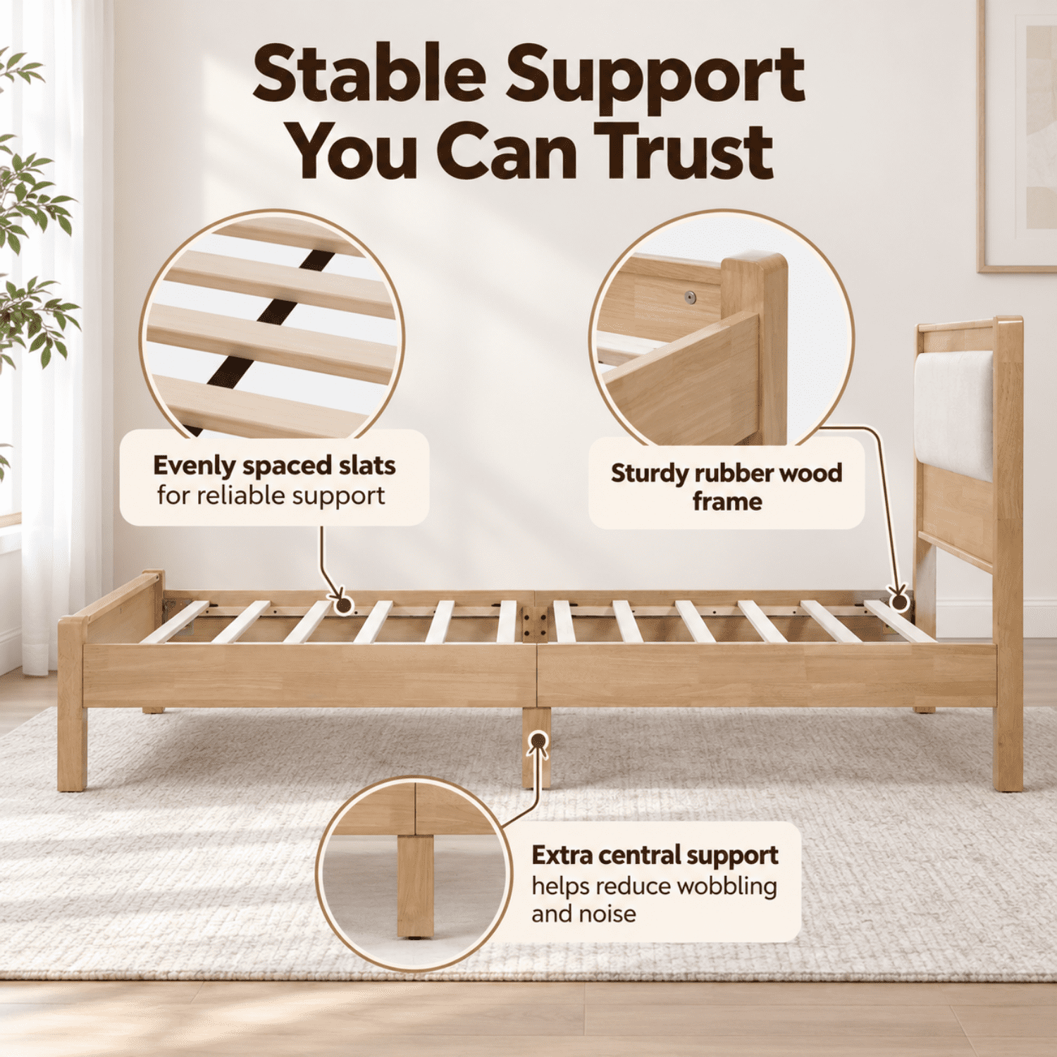Miniyam Twin XL Rubberwood Platform Bed Frame with Padded Upholstered Headboard, Natural