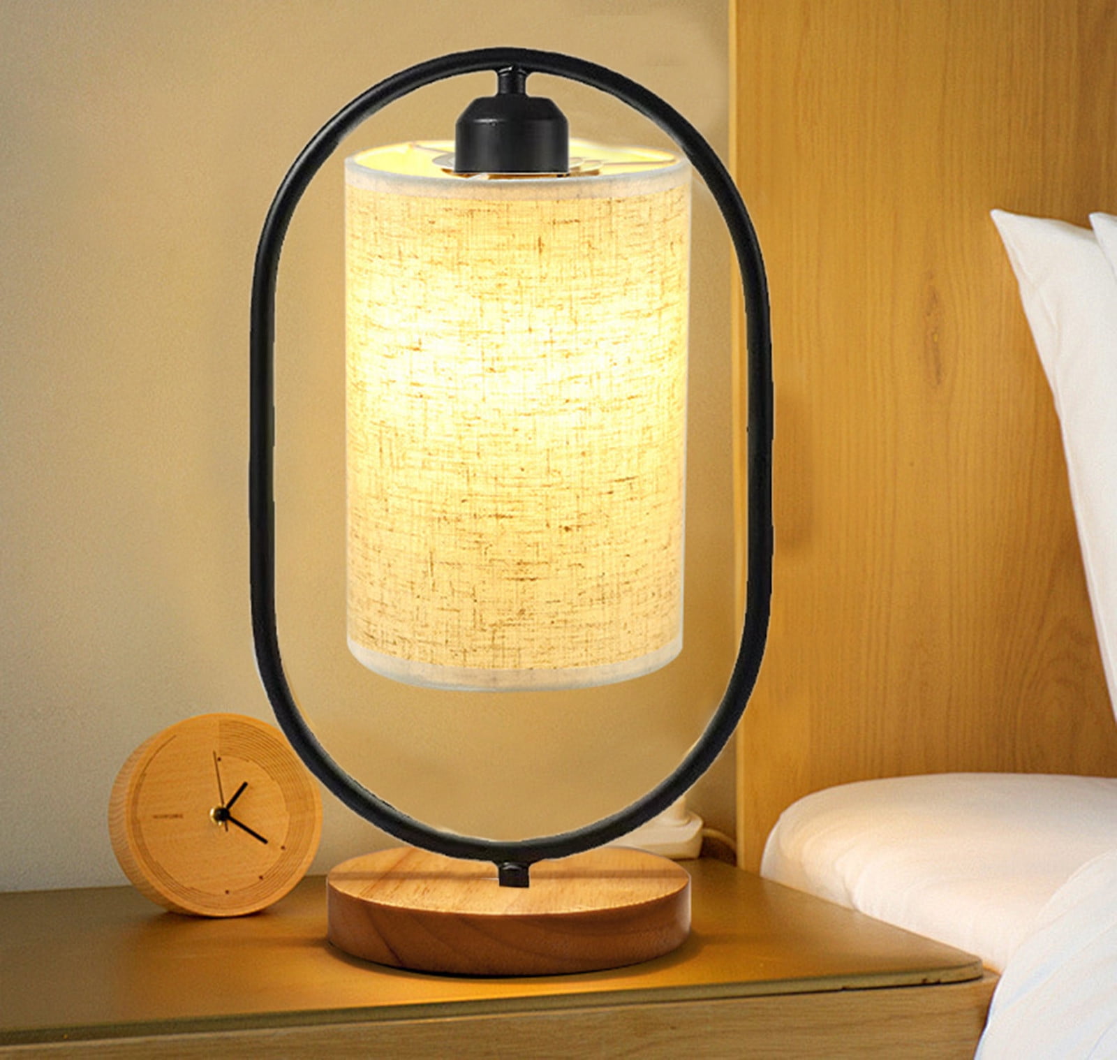 potrochi Small Table Lamp for Bedroom - Bedside Lamps for Nightstand, Minimalist Night Stand Light Lamp with Round Linen Fabric Shade, Desk Reading Lamp for Kids Room Living Room Office Dorm