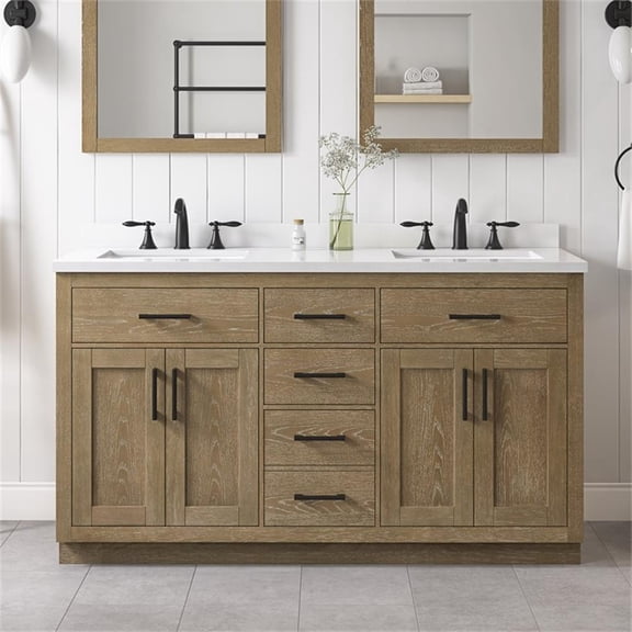 Pemberly Row 60" Double Bathroom Vanity in Driftwood Oak with White Countertop