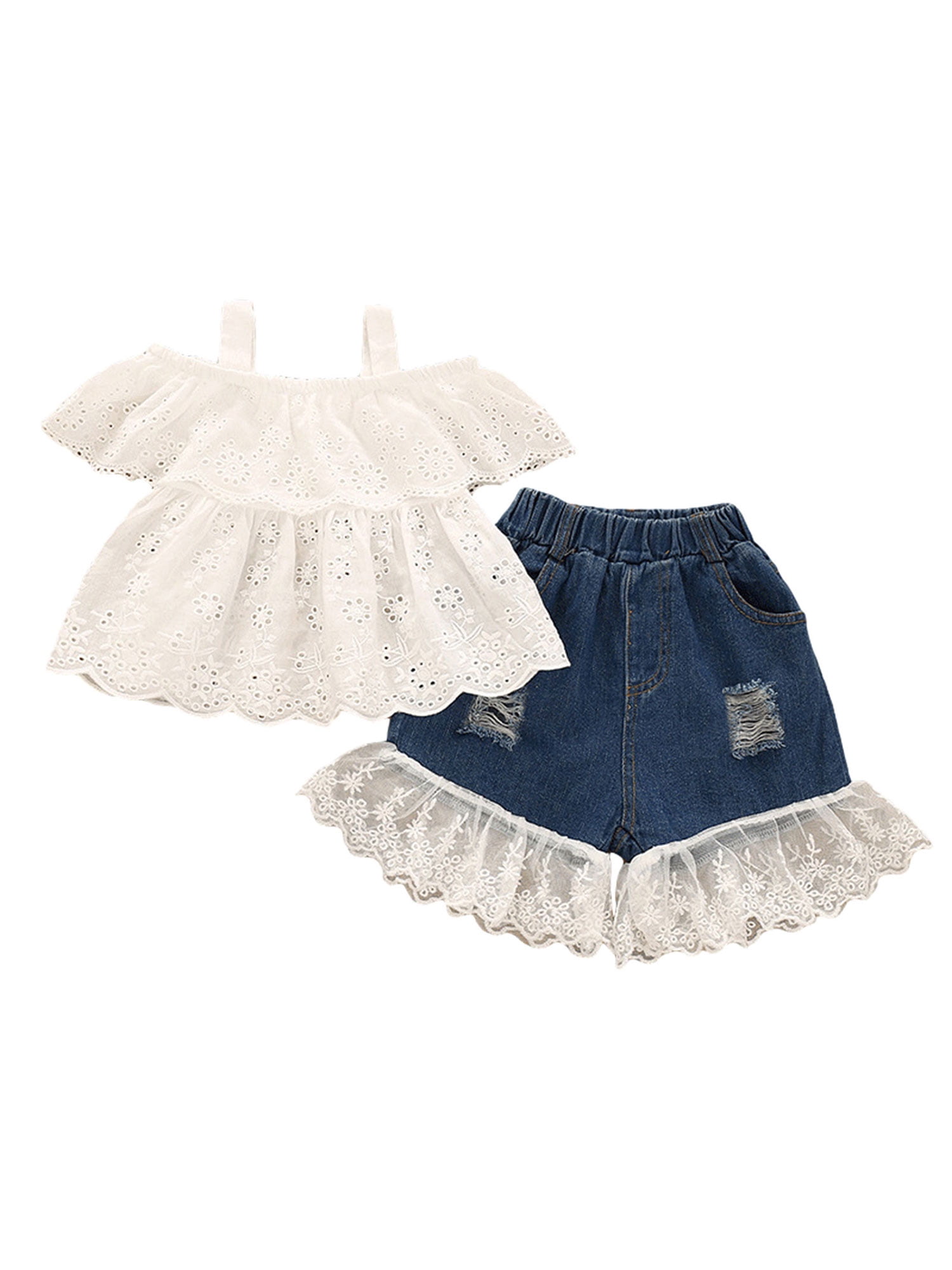 Denim Shorts Skirt Clothes Set Infant Newborn Baby Girl 2Pcs Outfits Lace Off Shoulder Tops