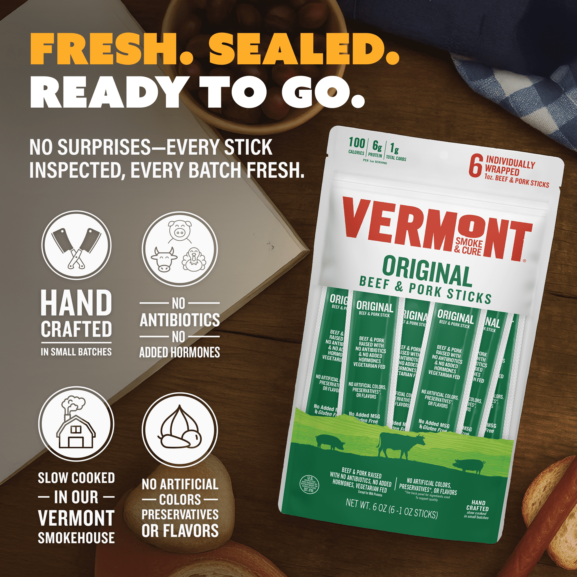 Vermont Smoke & Cure Original Beef and Pork Beef Sticks Individually Wrapped Protein Snacks 6Ct, 2Pk