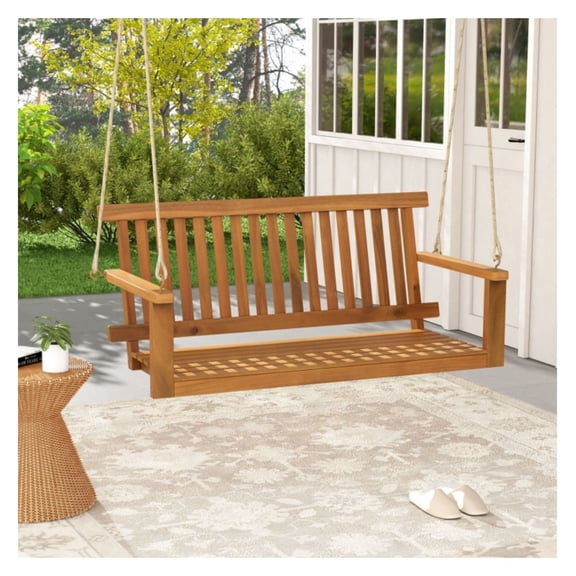 Acacia Wood Porch Swing - 2-Seat Outdoor Bench with Ropes - Garden Patio Swing for Balcony, Backyard, Relaxation - 800lbs Capacity