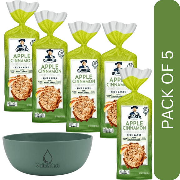 5 Pack Of Quaker Apple Cinnamon Rice Cakes, Gluten-Free Snack, 6.53 oz Bag, With Olive Green Bowl By ValueNest