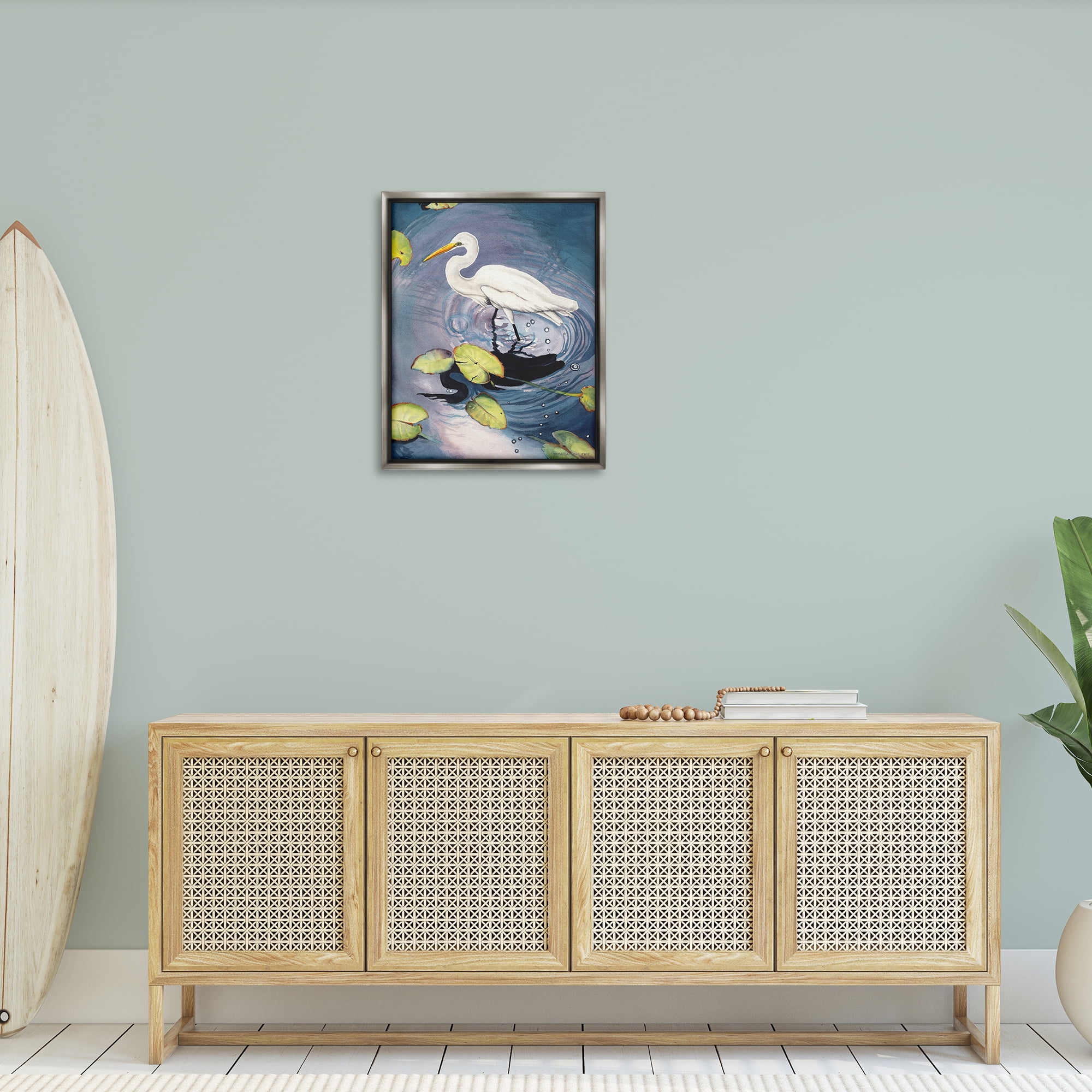 Stupell Industries Heron with Pond Ripples Animals & Insects Painting Gray Floater Framed Canvas Art Print Wall Art, 25 x 31