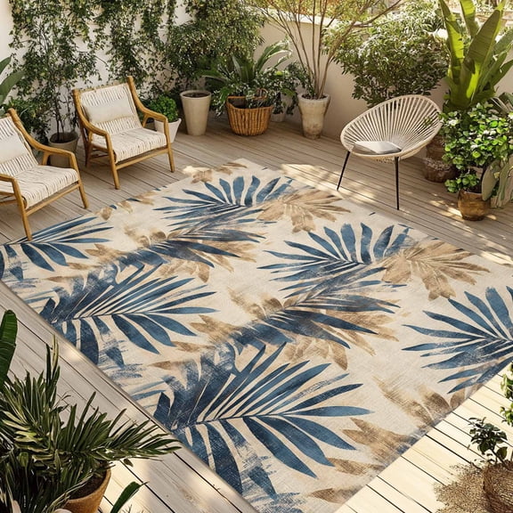 Blue Brown Palm Leaf Outdoor Rug 4x6 Ft - Reversible Patio Rug Outdoor Camping Rugs, Summer Botanical Farmhouse Washable Indoor Outdoor Area Rugs, Non-Slip Outdoor Carpet Runner for Deck/Porch