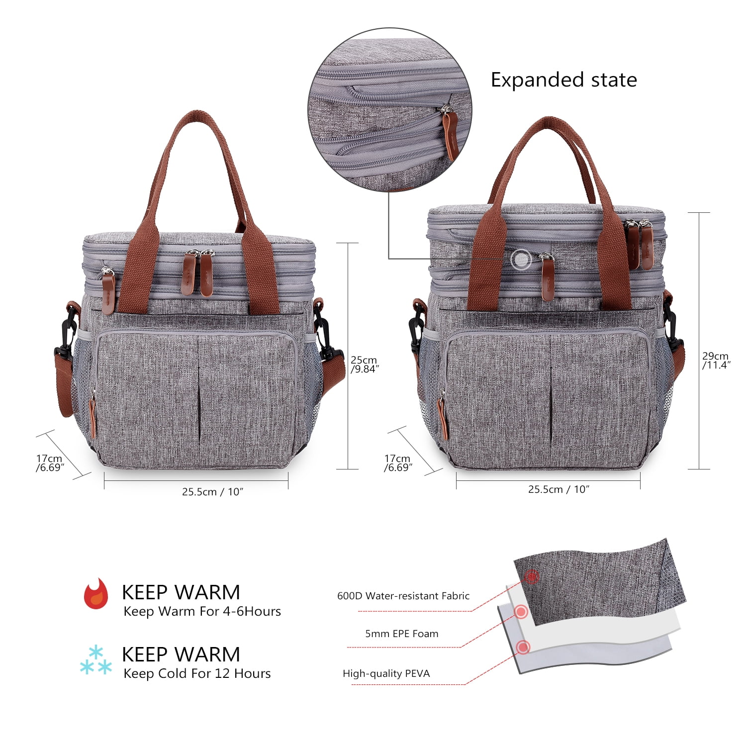 Lunch Bag for Women Men Double Deck Expandable Lunch Box,Large Lunch Bags,Leakproof Lunch Box Cooler Bag