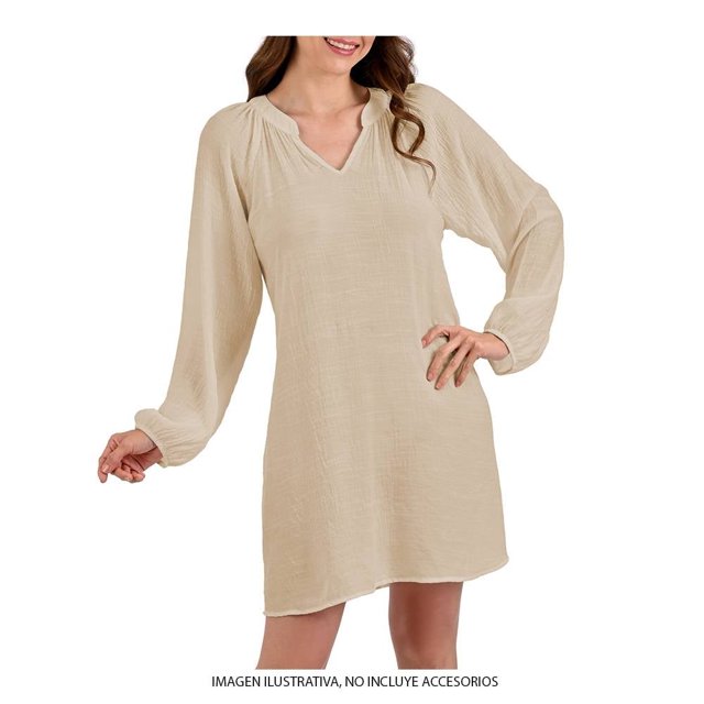 ropa de playa op para mujer, camisola ferrari avena talla ch Beige, camisola playera de corte amplio en vista frontal con mangas largas abullonadas y escote en V fruncido; tela ligera y con caída visible, modelo sobre fondo blanco; suele usarse como salida de playa y para ocasiones casuales.
