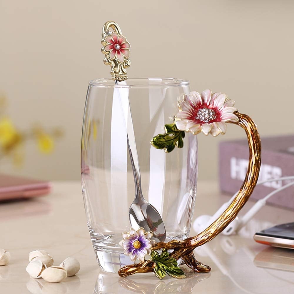 Glass Tea Cup Sunflower Crystal Lead-Free with Spoon Set, Present for The Christmas, Valentine's Day.Best Present for Mother, Grandma, Girlfriend, Sister
