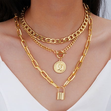 3pcs/ Set Vintage Golden Coin Pendant Necklace Stackable Cuban Chain Necklace Women's Jewelry