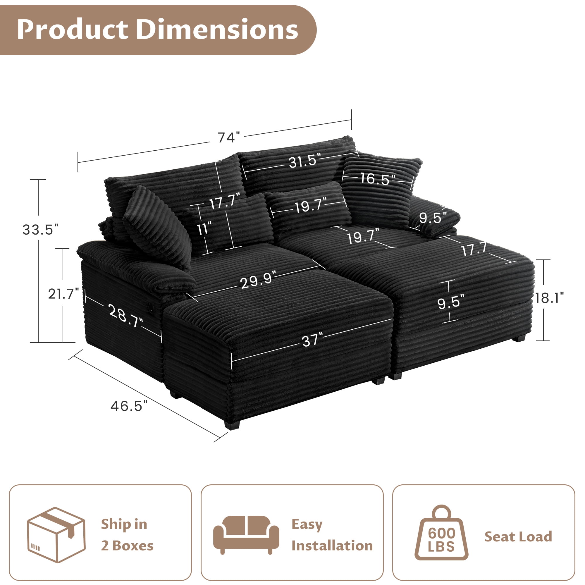 Alvantor 74" Sofa Loveseat with Reversible Ottoman & USB Port Corduroy Chaise Couch for Living Room Black