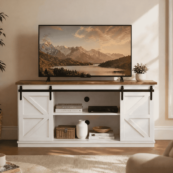 Homall 58'' TV Stand for TVs up to 65'', Storage Cabinet with Sliding Barn Door, Entertainment Center, White