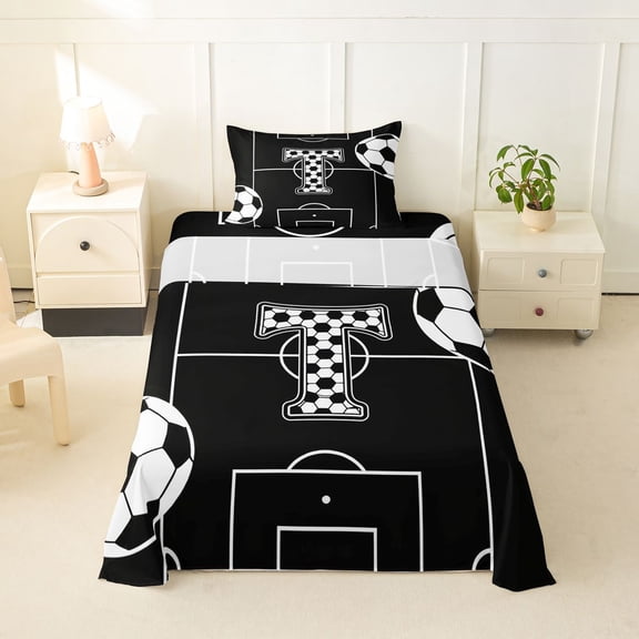 Feelyou Sporty Soccer Twin Sheets for Kids, Letter T Black White Honeycomb Bedding, 3 Pieces, 1 Flat Sheet, 1 Fitted Sheet and 1 Pillowcase