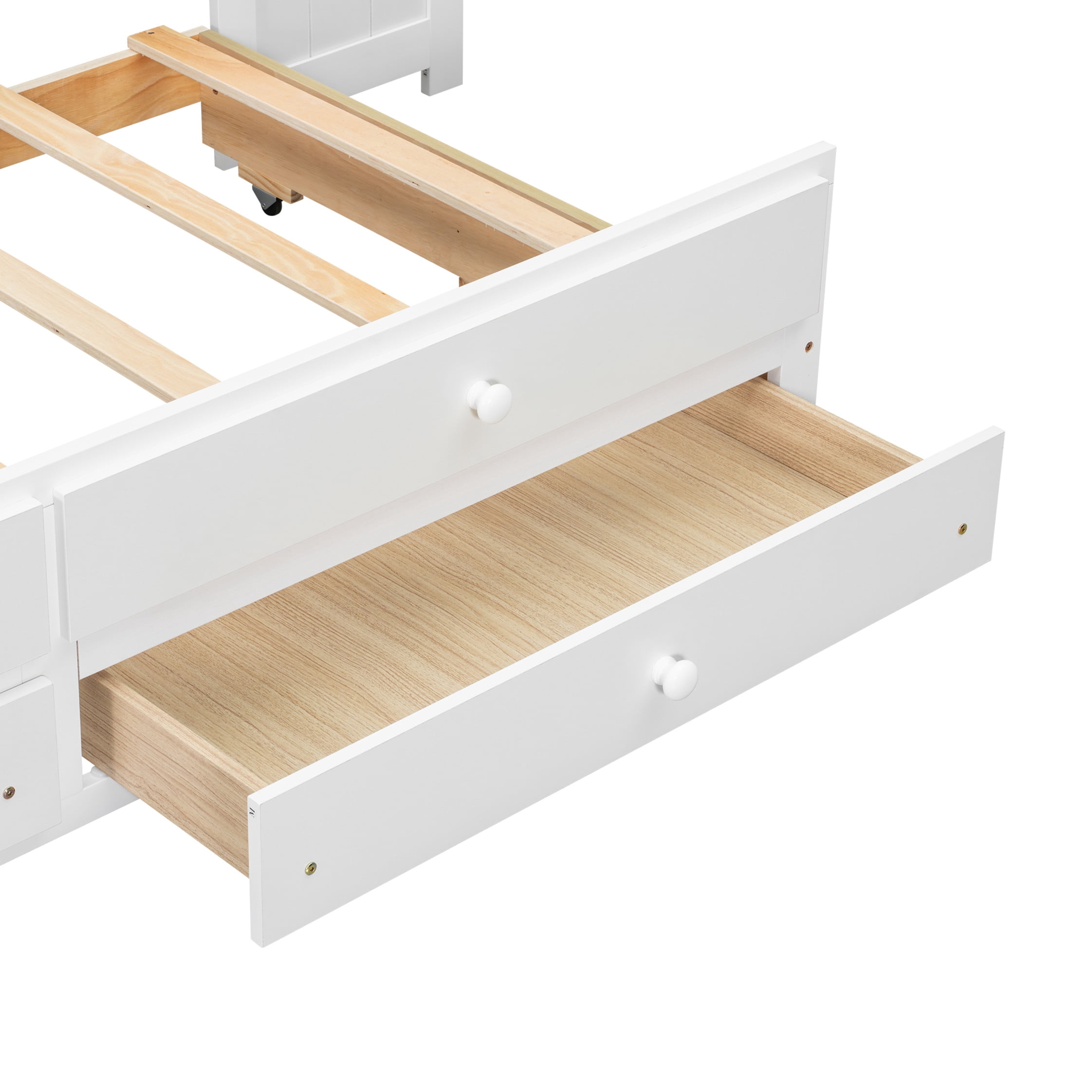 Noble House Maud Full Daybed with Trundle, Storage Shelves, Drawers, Charging Station, LED Light, Built-in Desk, White