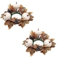 thumbnail image 2 of 2Pcs Artificial Maple Leaf Pine Cone Pumpkin Candle Ring Wreaths, 9.8in Halloween Thanksgiving Table Centerpiece Decor, Fall Harvest Candle Holders White 1, 2 of 6