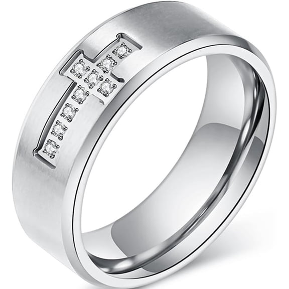8mm Stainless Steel Christian Sideways Cross Cubic Zircon Religious Wedding Band Ring