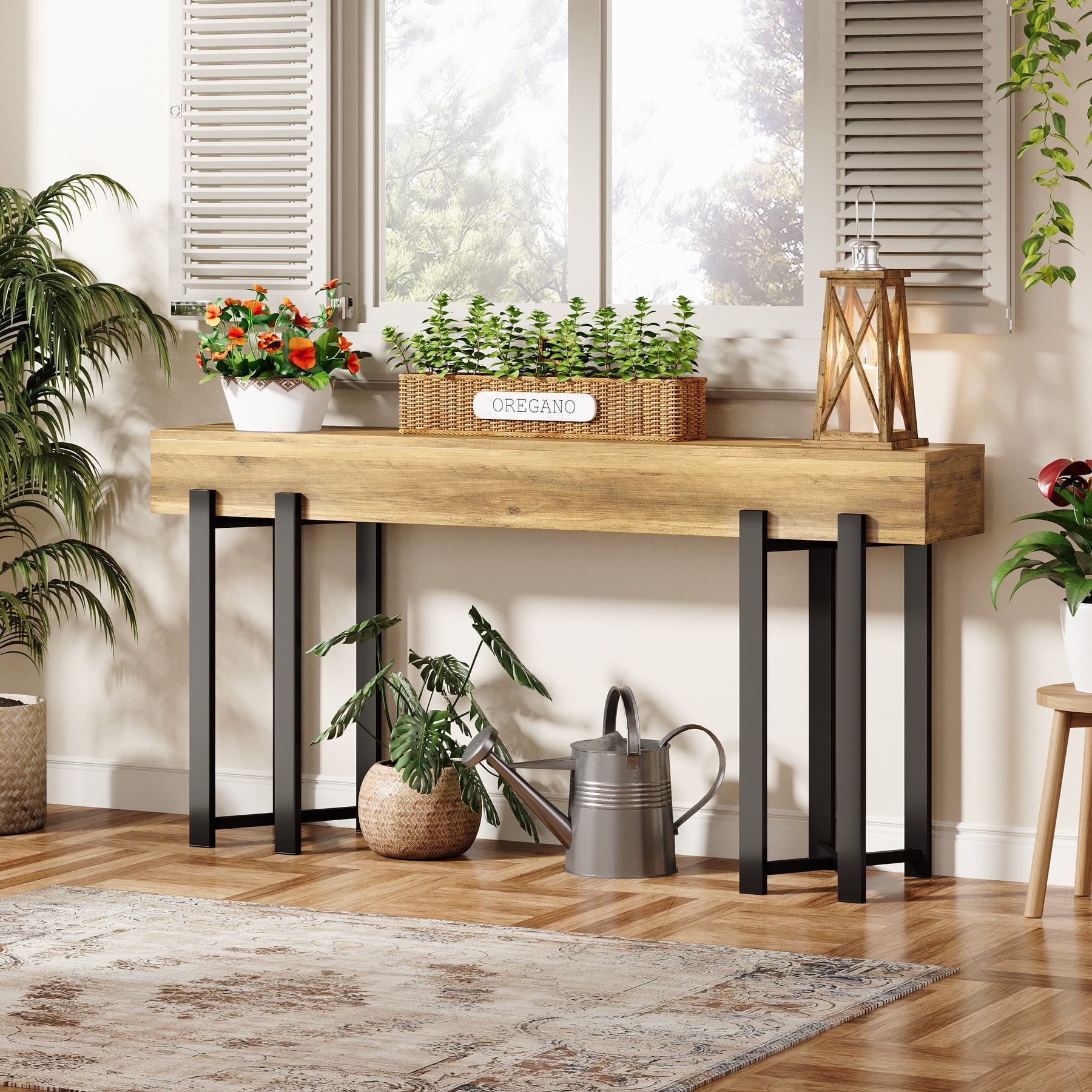 Tribesigns 63-Inch Console Table for Entryway, Industrial Behind Couch Table, Minimalist Sofa Table for Living Room, Rustic Brown Wooden Hallway Foyer Table with Black Metal Frame