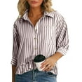 thumbnail image 2 of Lenpel Button down Shirts for Women Trendy 3/4 Sleeve Collared Ruffle Hem Striped Crop Tops Loose Fit Casual Blouses(Khaki,X-Large), 2 of 7