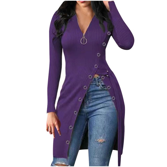 QUYUON Beach Dresses Clearance Long Sleeve Solid Color Fitting Button High Split Mid Calf Dress Short Prom Dresses V-Neck Mid-Length Embellished Dress Style D-16409 Purple XXL