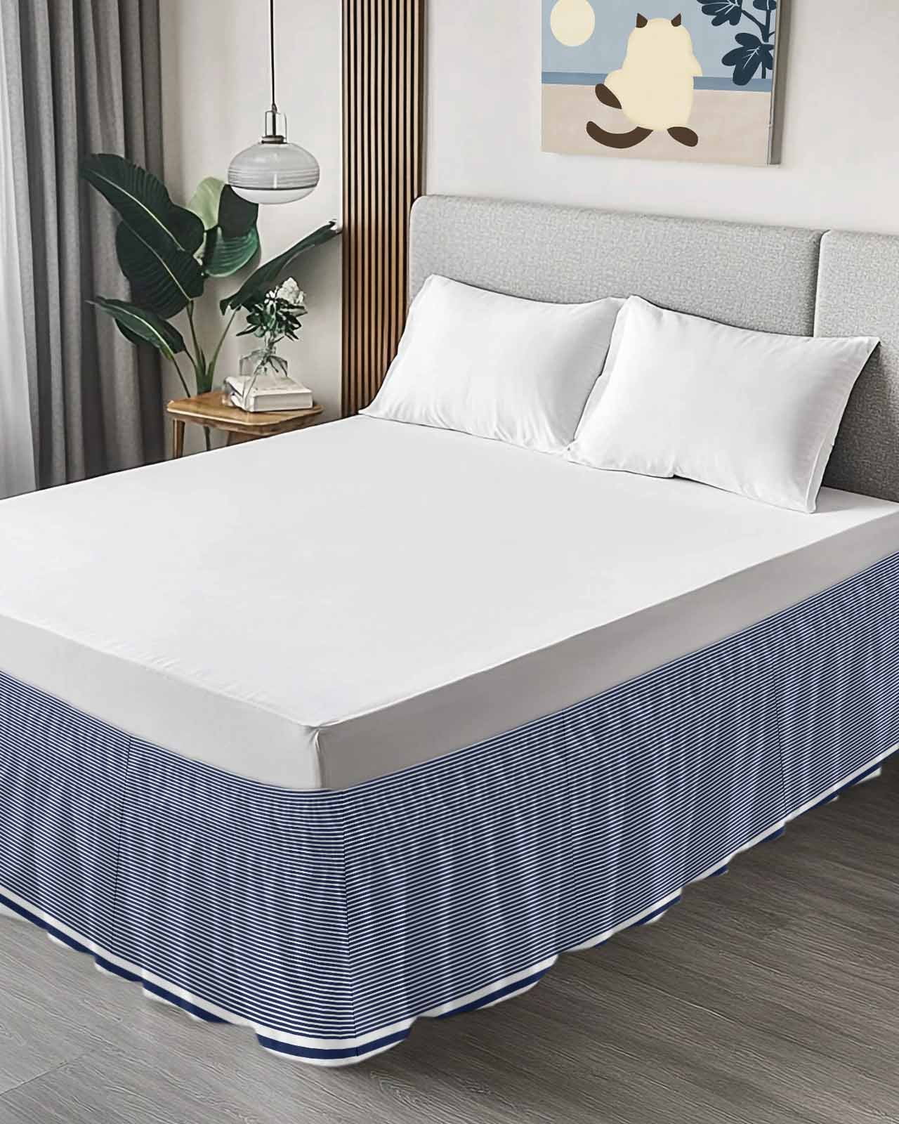 Farmhouse Navy Blue White Striped Bed Skirt King Size, Modern Stripes Wrap Around Bed Skirting with Adjustable Elastic Strap, Dust Ruffle Pleated Bedskirts 16 Inch Drop for Bedroom King Beds