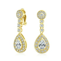 Bling Jewelry Womens Teardrop Halo Pave CZ Dangle Statement Clip On Earrings Gold