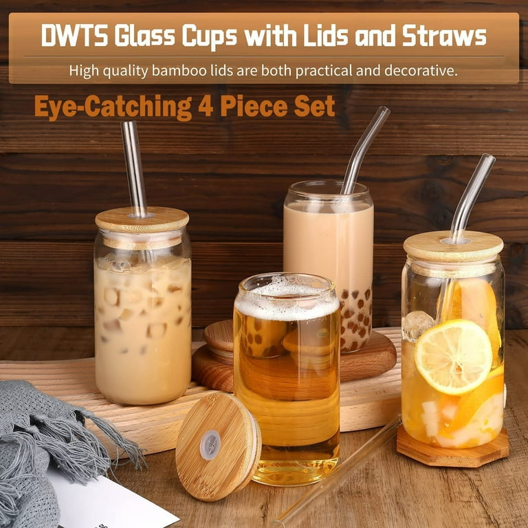 Glass Cups with Lids and Straws - 16Oz Drinking Glasses 4Pcs Set