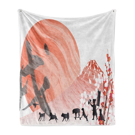 Chinese Soft Flannel Fleece Throw Blanket, Demonstration of Sun Happy New Year Monkey Dog Bird Inspired Print, Cozy Plush for Indoor and Outdoor Use, 50" x 60", Dark Grey Dark Salmon, by Ambesonne
