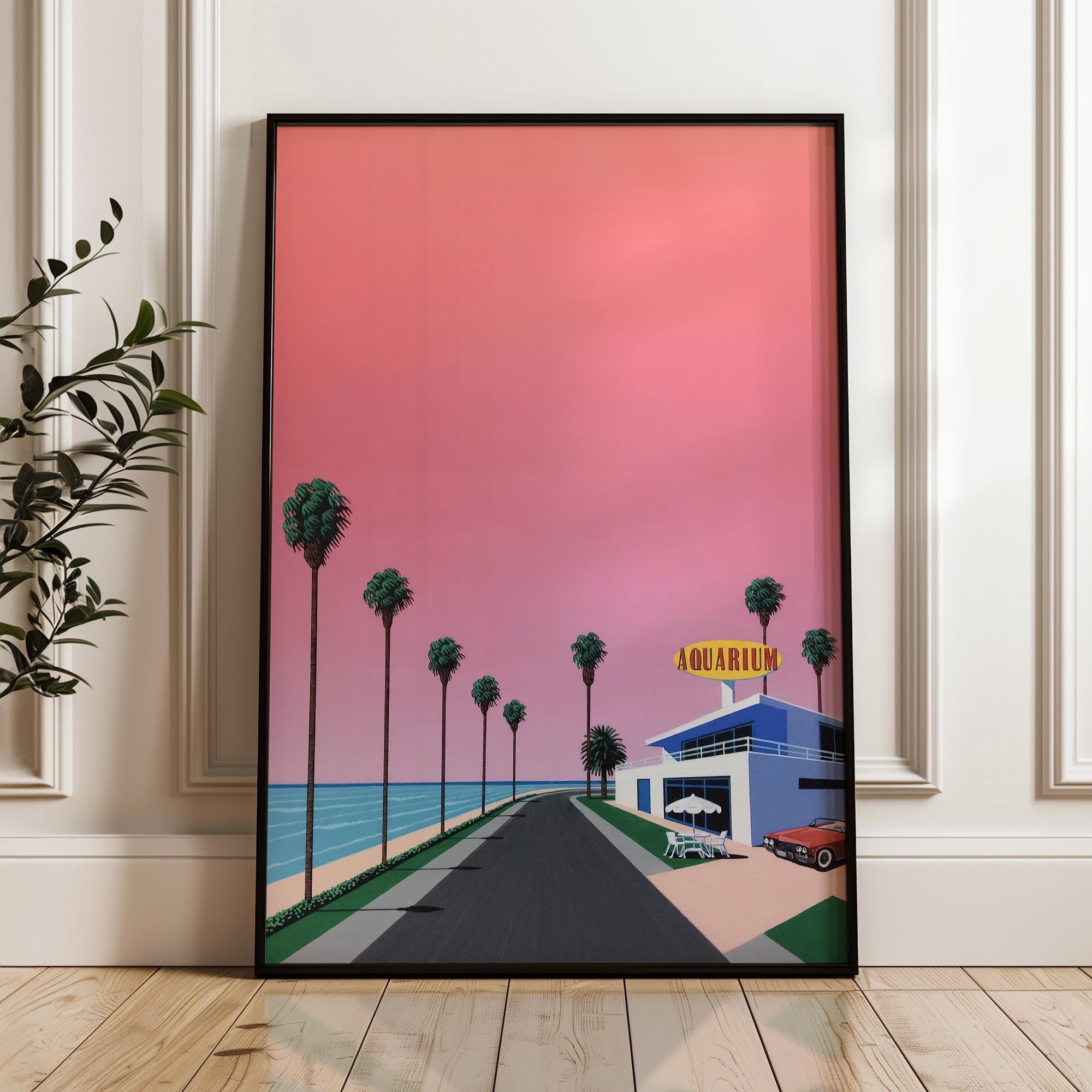 Coastal Road With Palm Trees, Hiroshi Nagai Wall Art Print, Japanese City Pop Poster, Poster Only