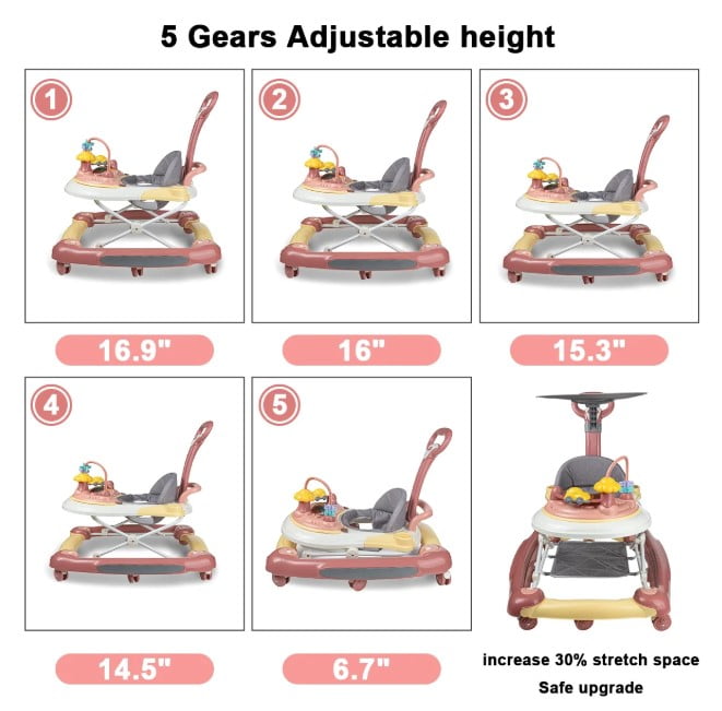 Developmental Walkers For Babies, Foldable Baby Walker, Adjustable Height With Interactive Toys, Pink