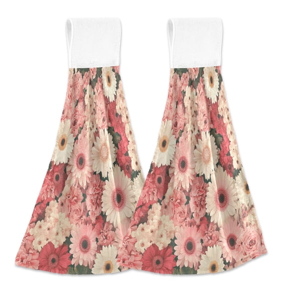 BZSMCE Hanging Hand Towels Fashion Pink White Flowers Pattern 2-Pack - Velcro Style Bathroom Kitchen Towels