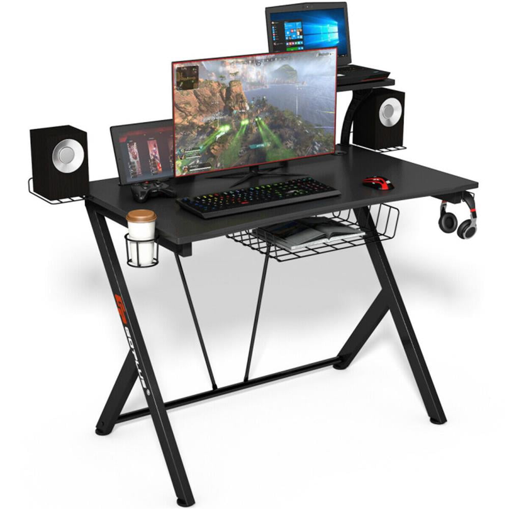 Demi Bonn Multifunctional E-Sport Gaming Desk with Headset Hook and Cup Holder, Small Home Office Desk Study Writing Table, Black