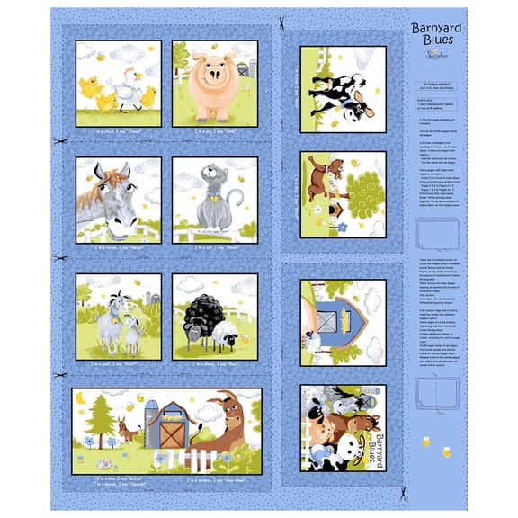 36" X 44" Panel Barnyard Blues Children's Soft Book Farm Animals Kids Cotton Fabric Panel (SB20414-760-DENIM)