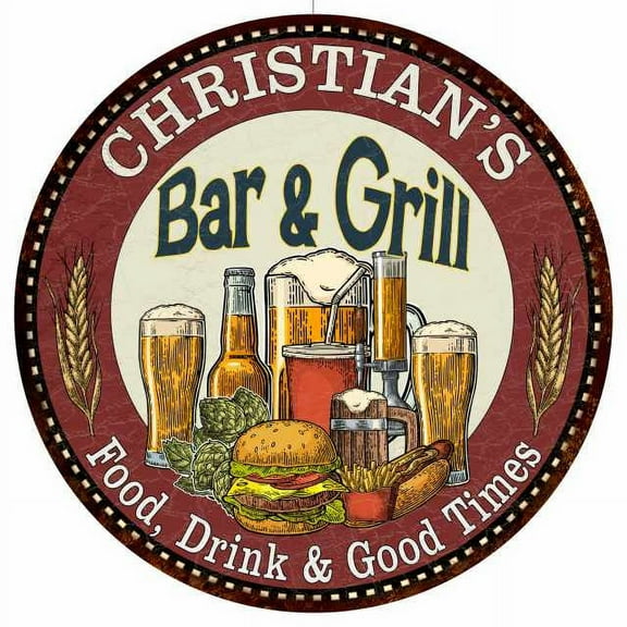 CHRISTIAN'S Bar and Grill 14" Round Metal Sign Kitchen Wall Decor 100140020488