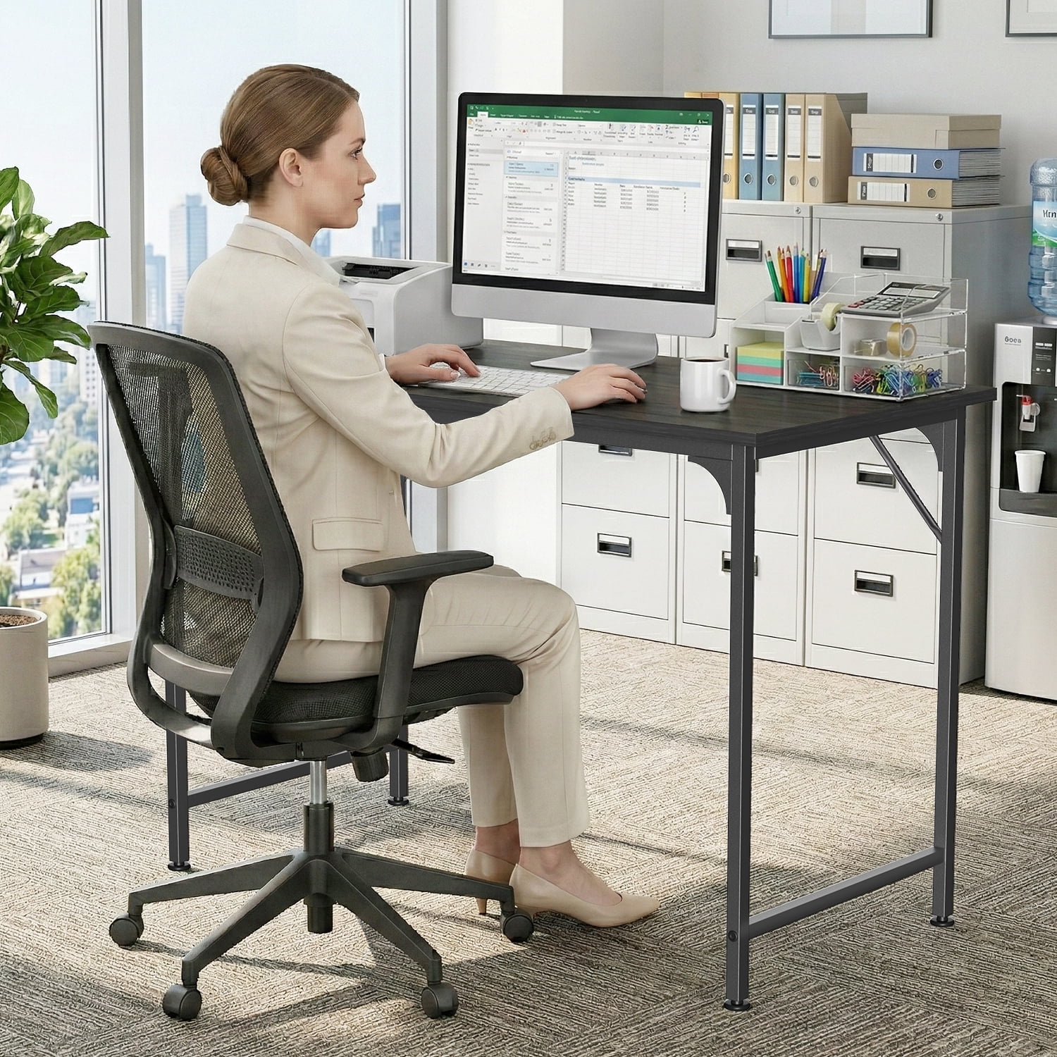 NiamVelo 39 In Computer Desk, Study Writing Table for Small Space, Save Space Office Desk with Metal Legs, Modern Steel Frame Wood PC Workstation for Home Office, Black