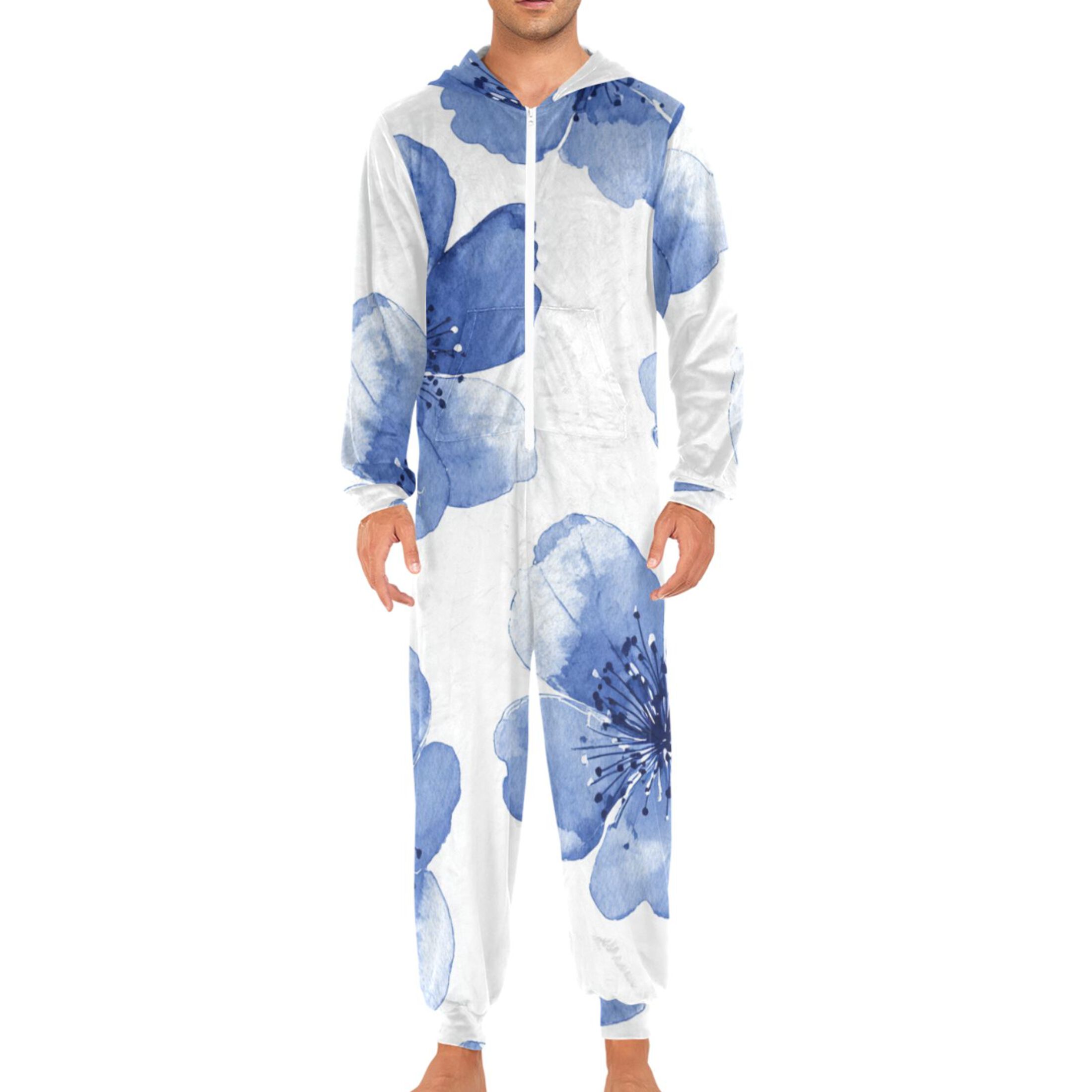 Watercolor Blue Flower Petals Adult's Hoodie Onesie Jumpsuit One-Piece Pajamas with Zipper Unisex for Holiday M