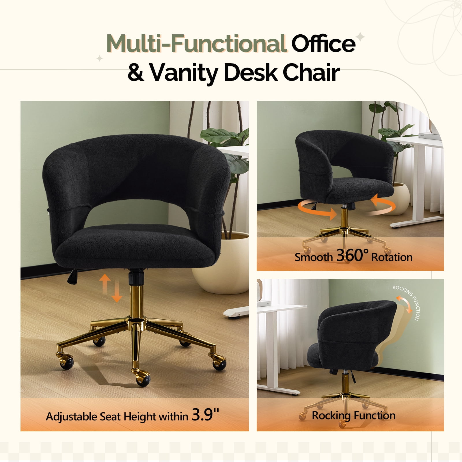 Ktaxon Flannel Accent Chair Multi-Use Makeup Desk Chair with 360 Swivel Adjustable Height for Bedroom Office Dorm Black