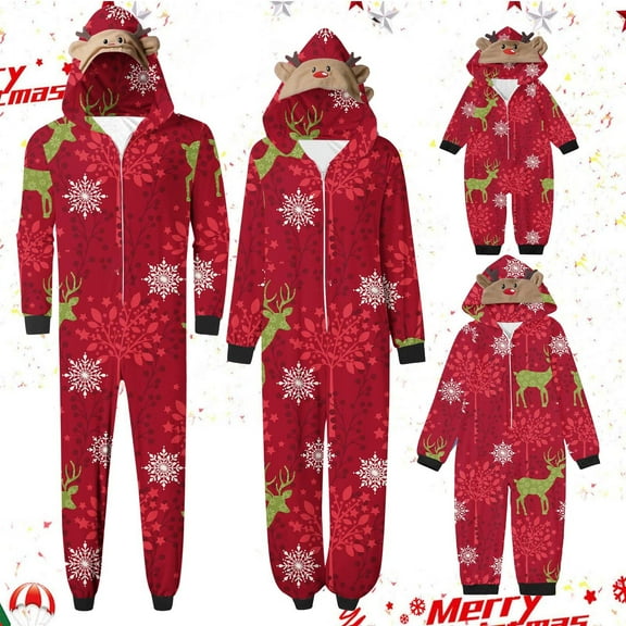 Odeerbi Matching Family Christmas Pajamas Sets Parent-Child Xmas Warm Hooded Jumpsuit Printed Home Wear Set Loungewear Sleepwear Jammies for Mom