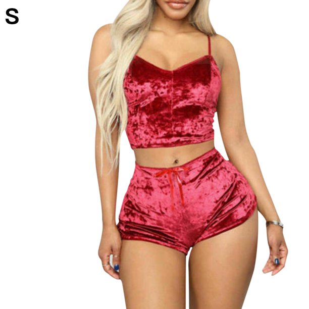 Conjunto de pantalones cortos de terciopelo sexy para mujer, ropa de dormir, ropa interior, lencería, regalo, rojo, S Methold XX000204-02