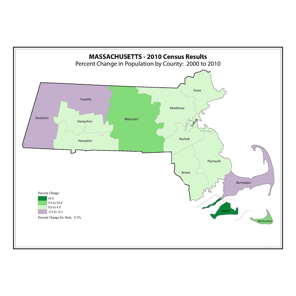 Massachusetts County Change Map (2000 to 2010 Census) 20 Inch By 30