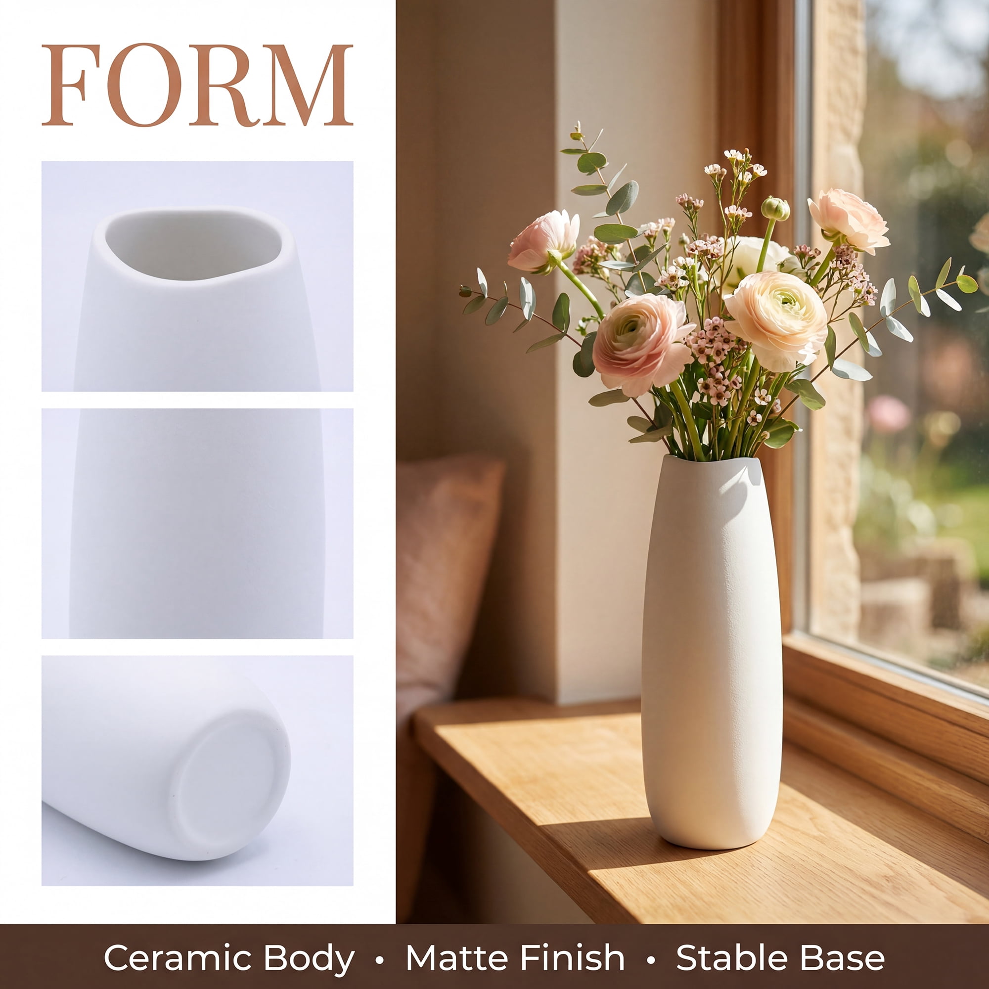 Unique Bargains Modern Ceramic Tapered Flower Vase Plain White 2.8"L x 2.8"W x 8.3"H
