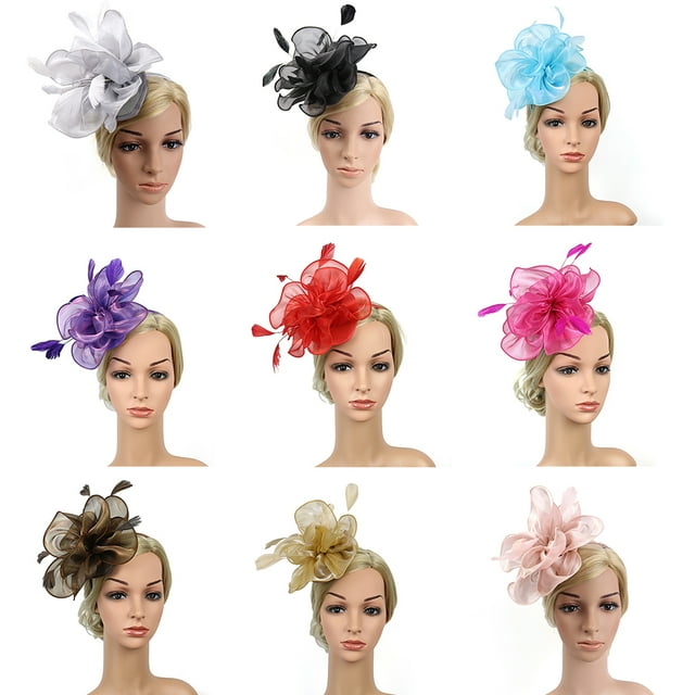 Accessoire de Tête pour Femmes pour Cocktail et Thé, Chapeau Fascinateur, Plume Florale, Pince à Cheveux en Maille