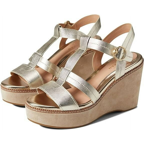 Cole Haan Cloudfeel All Day Wedge Gold Leather Ankle Strap Heeled Sandals (Gold Leather, 10.5)