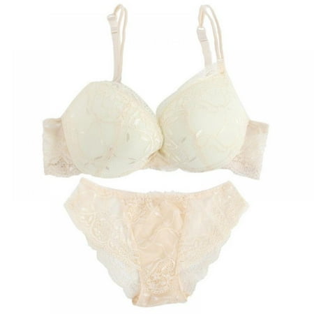 Wuffmeow Sexy Women Embroidery Lace Floral Lingerie Underwear Push-Up Bra Set Panty Beige 36B