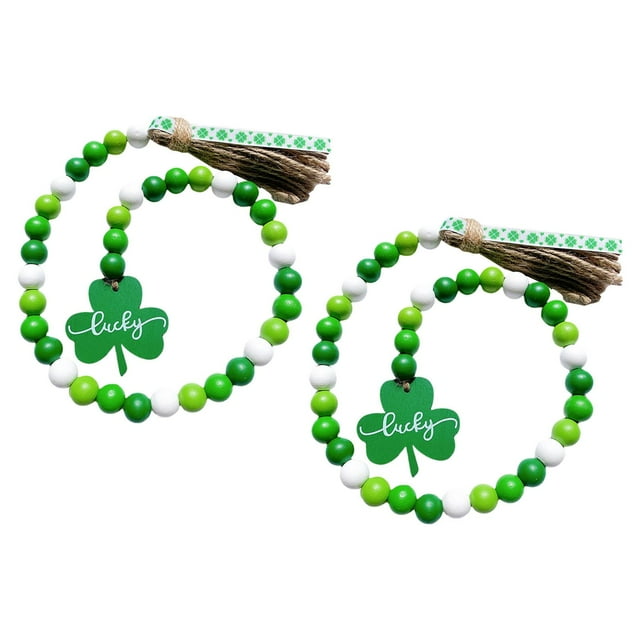 Guirnalda rústica de cuentas de madera de 2 piezas con cuerda de yute, cuentas de oración de trébol verde Verde blanco