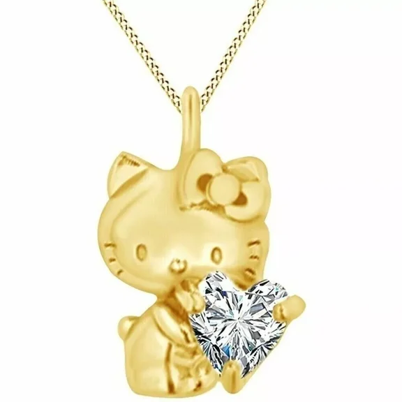 0.50ct Heart Lab-Created Moissanite Hello Kitty Pendant Necklace Gold Plated Silver