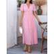 thumbnail image 4 of Vestido Midi Informal de Verano para Mujer, con Mangas Abullonadas, Escote en V, Fruncido, Botones Al Frente, Abertura, Estilo Bohemio, 2025 Rosa M, 4 of 10