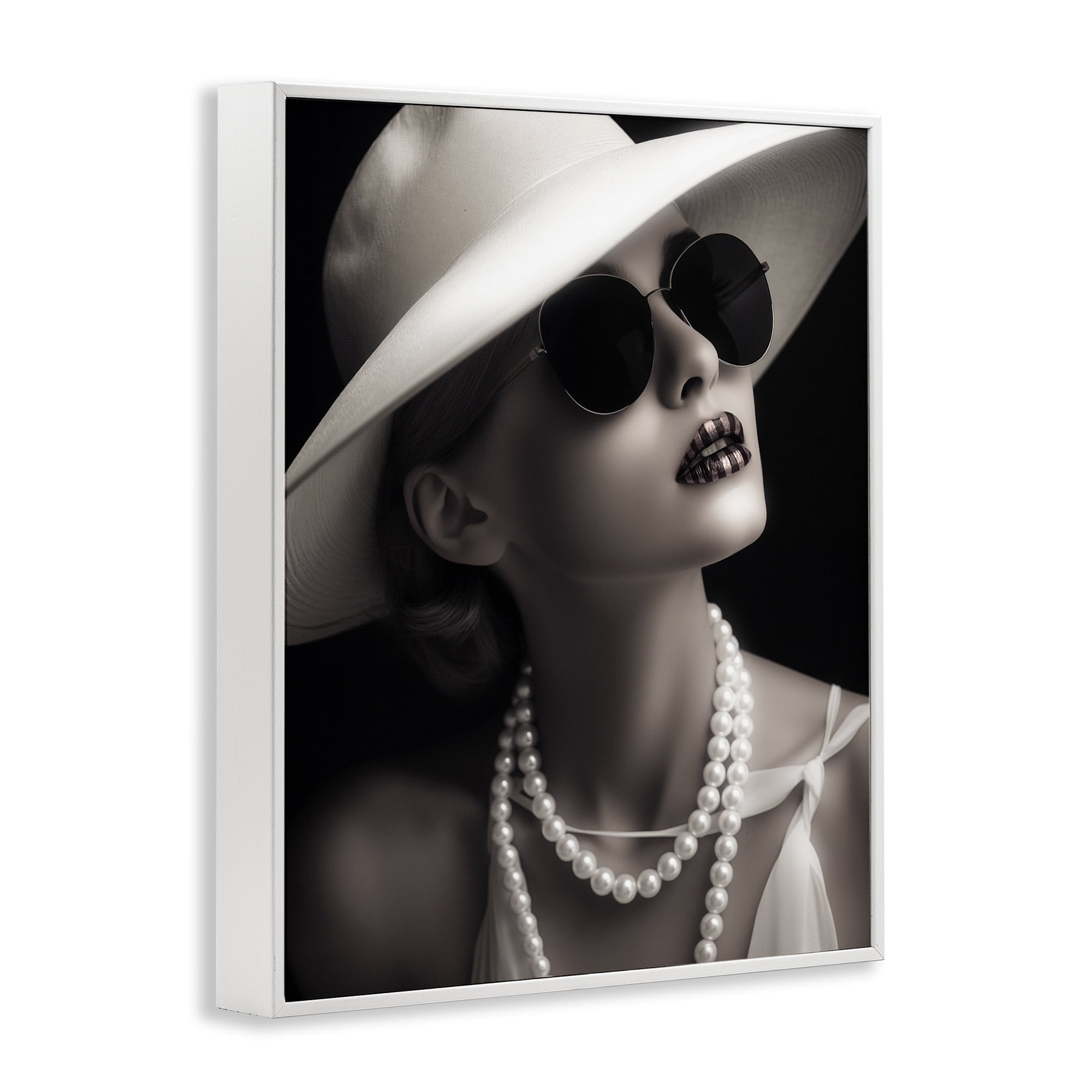 Stupell Industries Trendy Girl with Striped Lips Novelty Painting White Framed Art Print Wall Art, 16 x 20