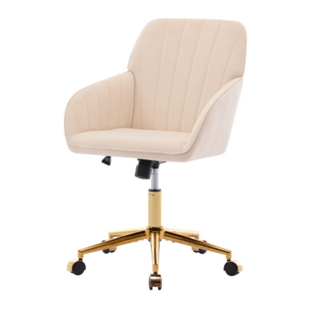 Ergonomic Office Chair, Upholstered Swivel Desk Chair with Memory Foam Cushion, Adjustable Backrest, Golden Metal Base for Home Office & Bedroom, Khaki