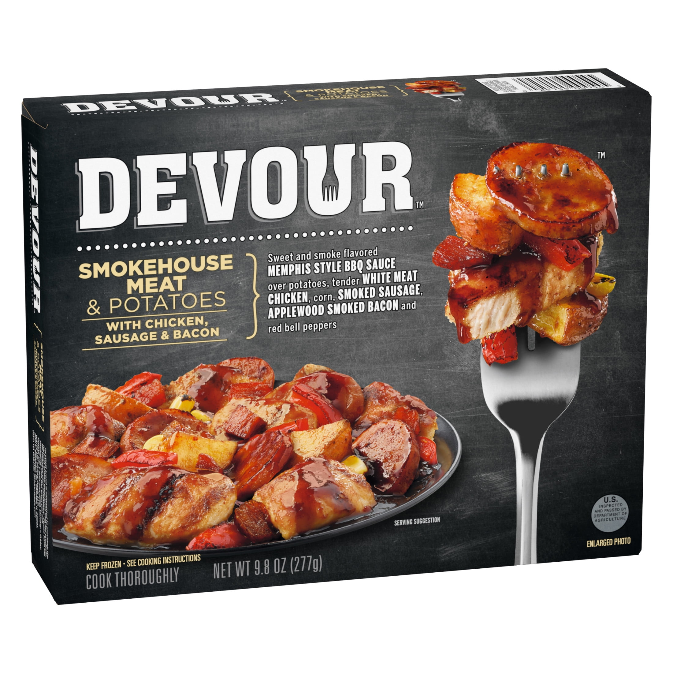 DEVOUR Smokehouse Meat & Potatoes with Chicken, Sausage & Bacon in Memphis Style BBQ Sauce Frozen Meal, 9.8 oz Box