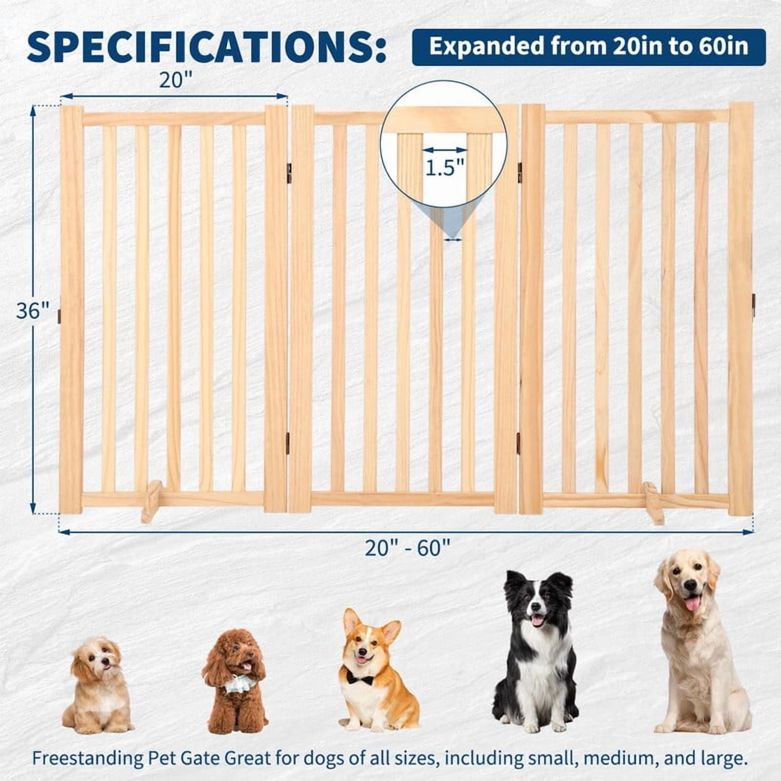 Towallmark 36 Inch Height 3 Panel Pet Gate, Freestanding Wooden Dog Gate, Folding Expandable Safety Barrier with Support Feet, Indoor Pressure Mount for Doorway Stairs Hallway, Solid Hardwood